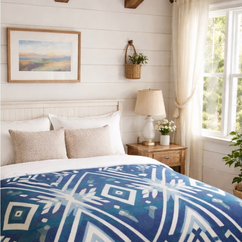 Alpaca Wool Blue Geometric Pattern Blanket. Handmade from Ecuador. New/Queen - Picture 5 of 5